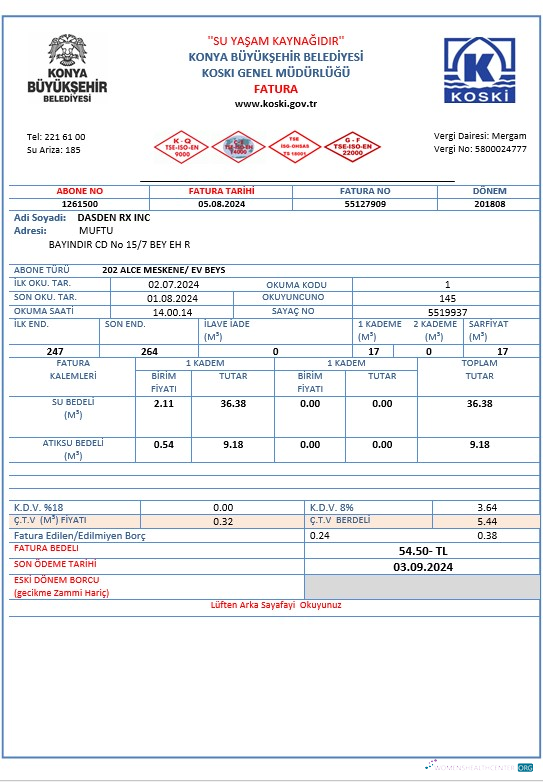 Download Turkey water business utility bill template in Word and PDF formats Photoshop template